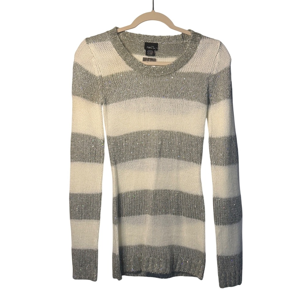 Rue21 Silver White Striped Sequin Knit Long Sleeve Womens Small Sweater Pullover